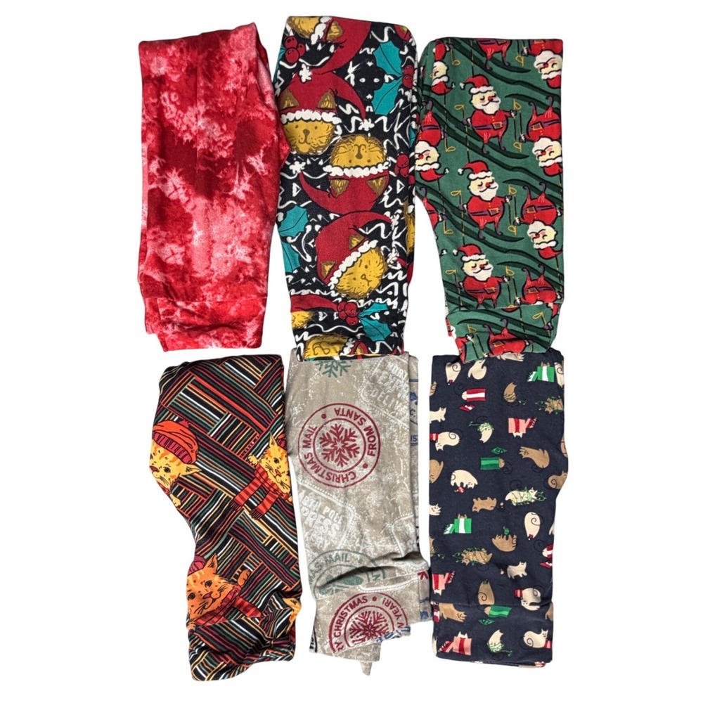 LuLaRoe Kids S/M Christmas Leggings Lot 6 Pairs Santa Cats Tie Dye Holiday Print